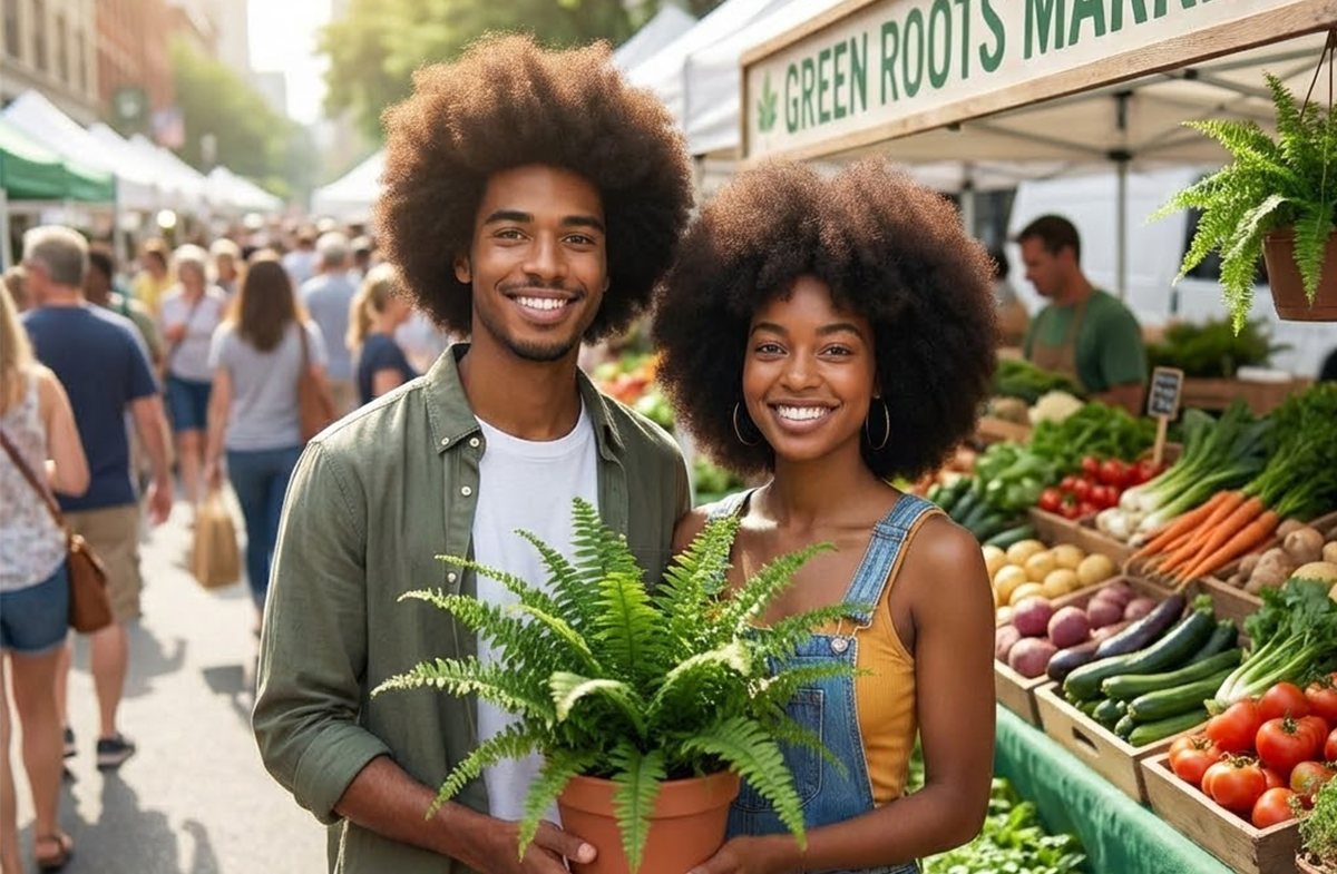 Man and woman at a farmers market holding a plant.