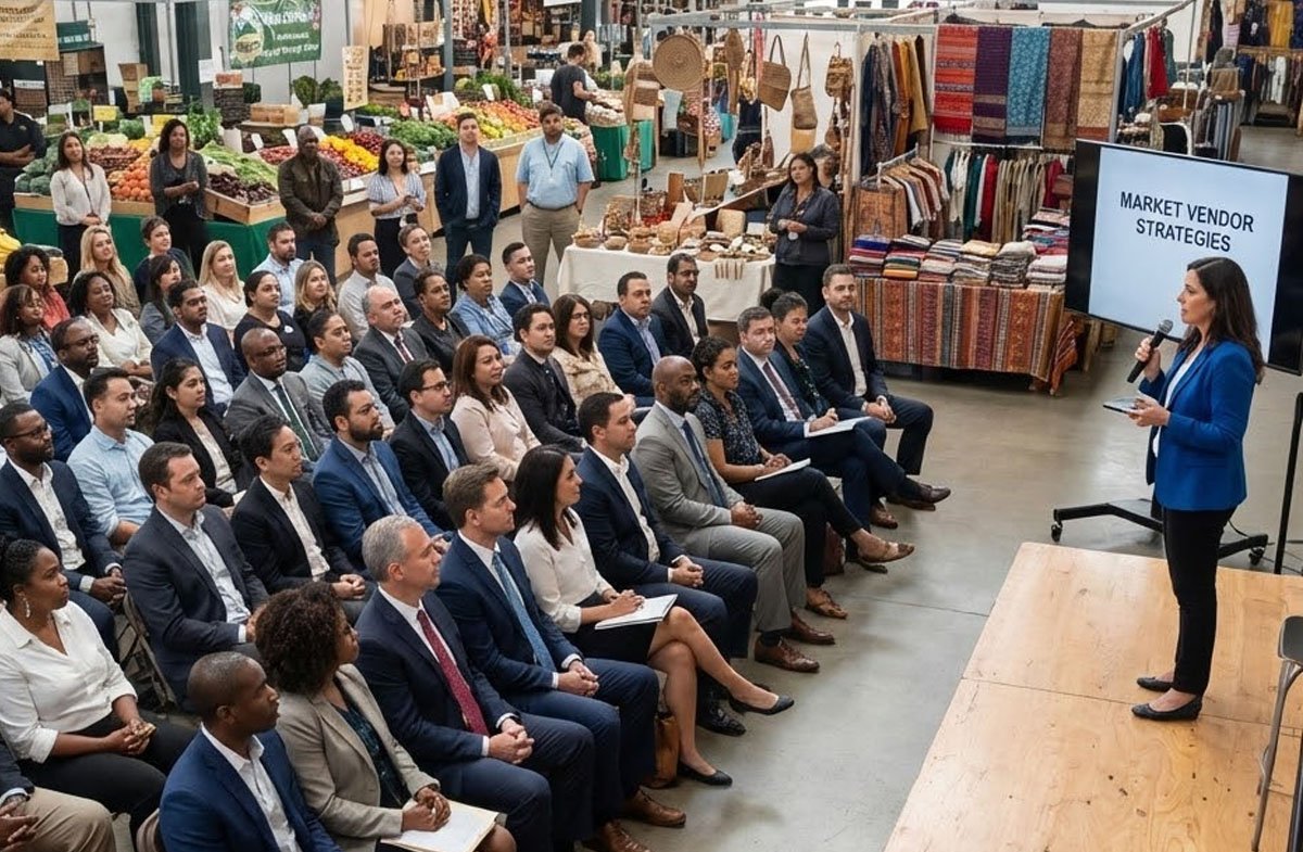 A diverse group of people at a market vendor seminar.